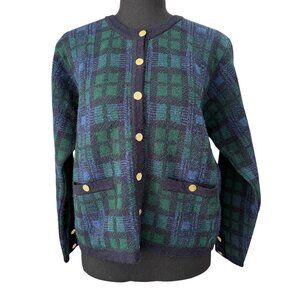 VINTAGE Talbots Tartan Plaid Blue Green Cardigan Sweater Medium